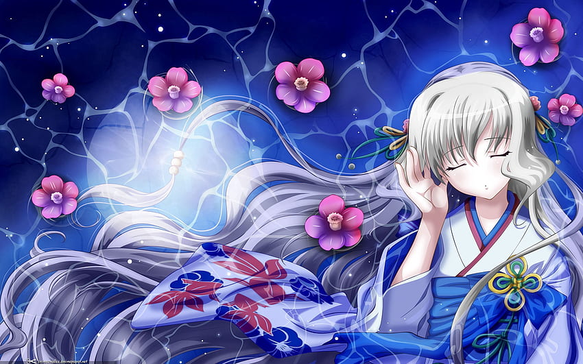 Anime, dziewczyna, włosy, kimono, wiatr Tapeta HD