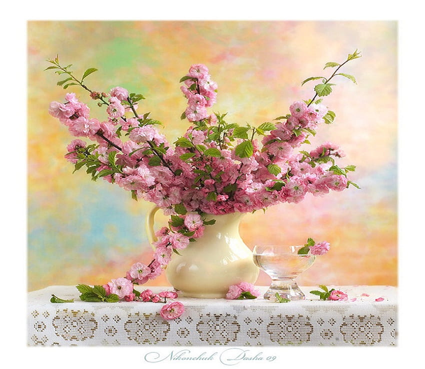 Piękny, biały, kryształowy, obrus, płatki, wazon, kwiaty, miska Tapeta HD
