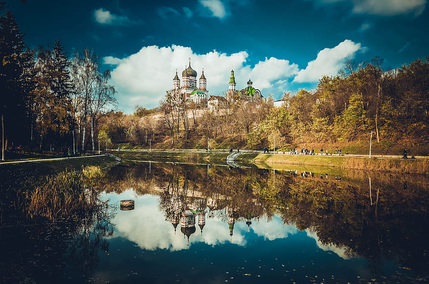 Cities, Reflection, Pond, Cathedral, Kiev, Feofania, Theophany HD wallpaper