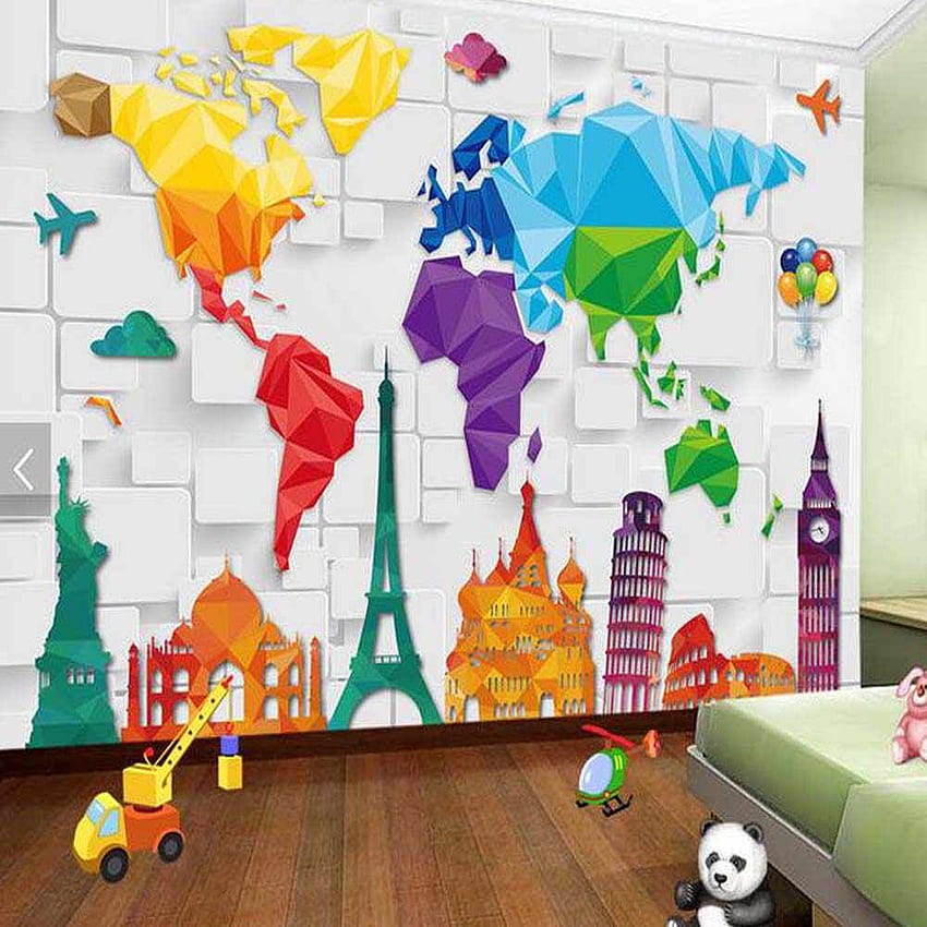 子供の寝室のカラフルな世界地図の抽象的な壁の装飾紙 3D 壁装材のロール。 ロール。 ロール紙の色 HD電話の壁紙