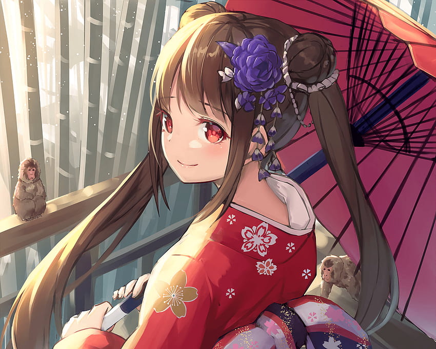 Anime original anime menina roupas japonesas quimono guarda-chuva marrom, anime japonês widescreen papel de parede HD