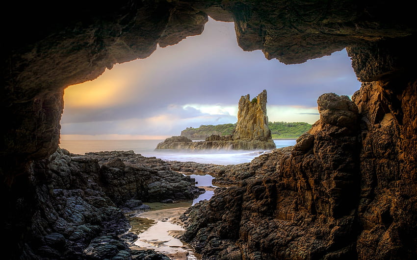 Cathedral Rocks, Nouvelle-Galles du Sud, Australie, rochers, océan, coucher de soleil Fond d'écran HD