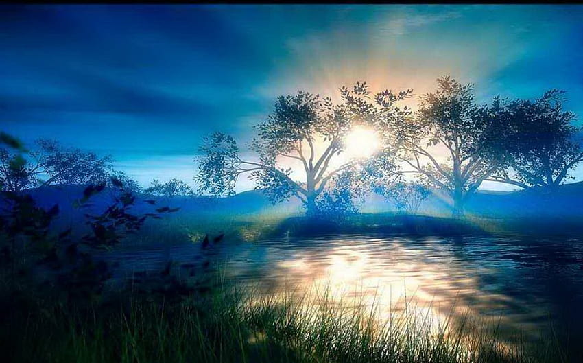 3D-Landscape, blue, water reflection, sundown, landscape, beautiful sunset, nature, lake, tree HD wallpaper