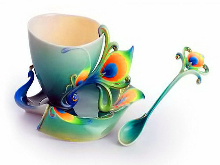 Teacup for Joanne, peacock, teacup, saucer, spoon HD wallpaper
