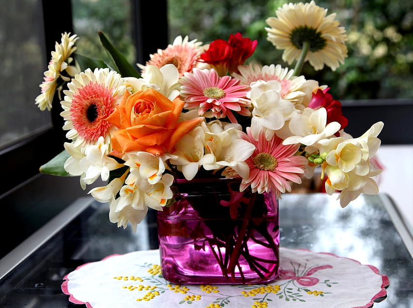 Blumen, Rosen, Gerbera, Blumenstrauß, Vase, Komposition, sia HD-Hintergrundbild
