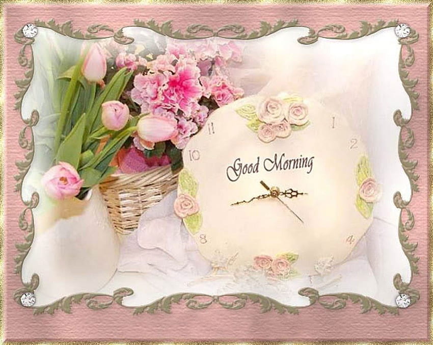 Good Morning, pink, clock, flowers HD wallpaper