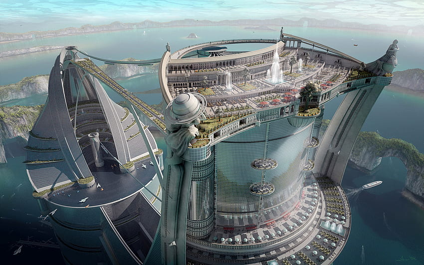 Sci-Fi – Stadt – Zukunft – Gebäude – Architektur – See – Schiffe, Sci-Fi-Design HD-Hintergrundbild