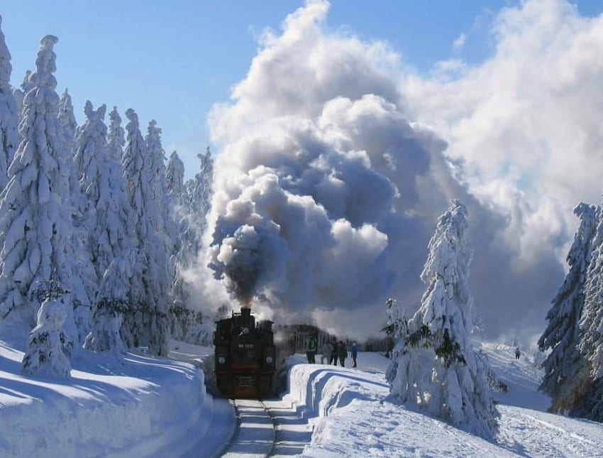 *Vacanta de Iarna*, fum, tren, zapada, munte Sfondo HD
