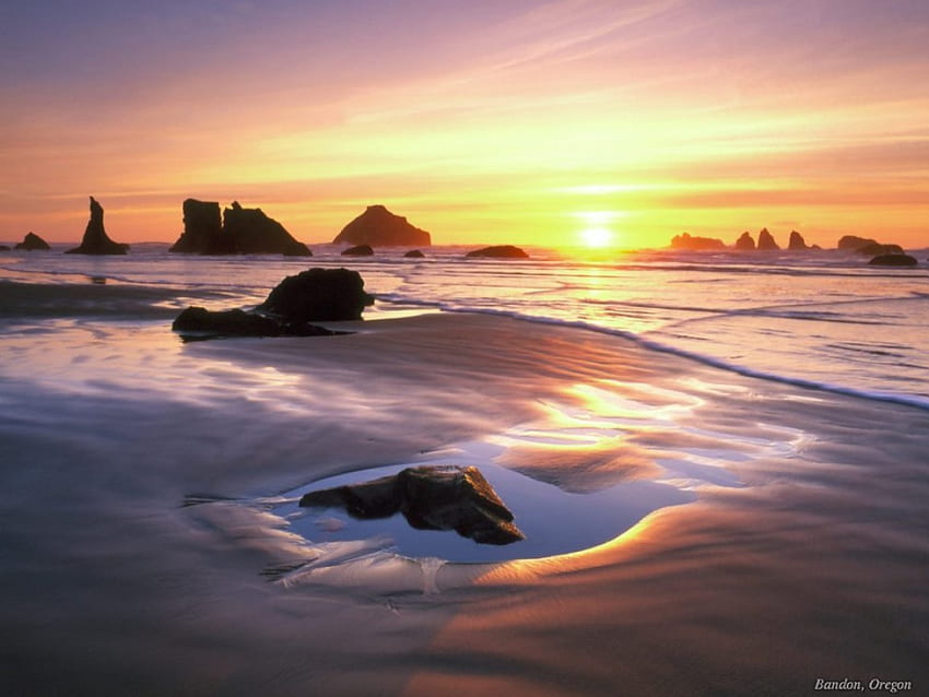 바다 태양 세트, Bandon Oregon, Bandon Oregon, 노랑, 바다 태양 세트, 일몰, 바위 HD 월페이퍼