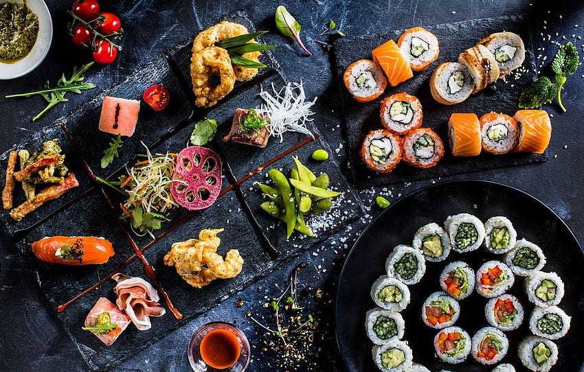fish, sushi, rolls, seafood for HD wallpaper