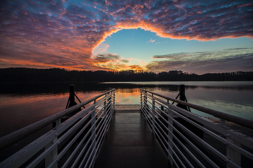 ธรรมชาติ พระอาทิตย์ตก เมฆ ทะเลสาบ ท่าเรือ ท่าเทียบเรือ ไอดีล วอลล์เปเปอร์ HD