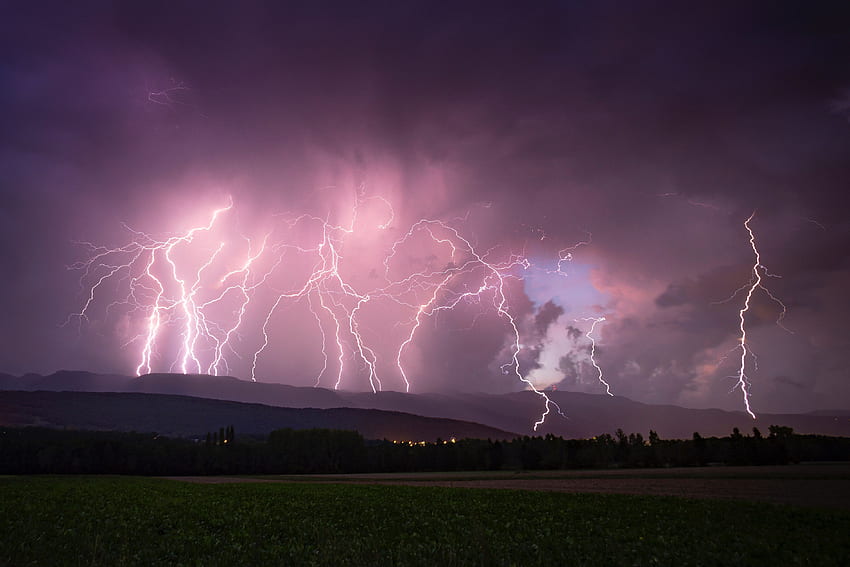 lightning, thunderstorm, overcast, night, sky, horizon background, Pink Storm HD wallpaper