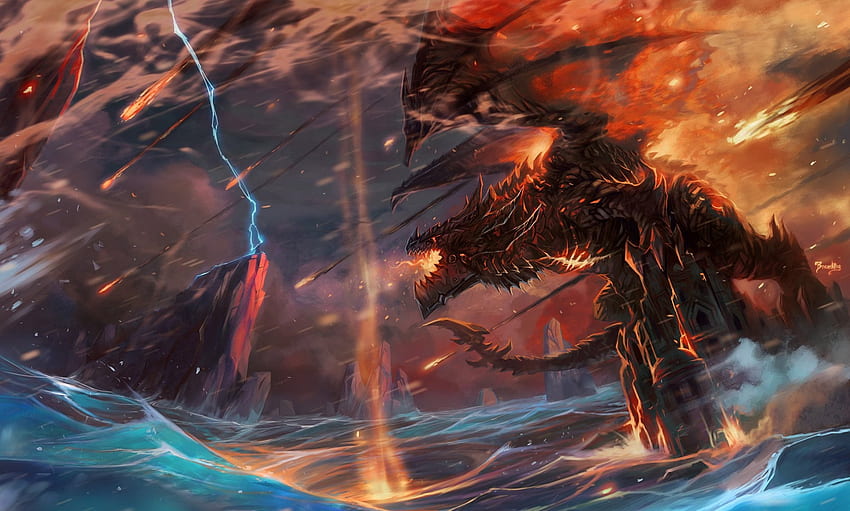 Black Lightning Dragon – Art Jian Guo World Of Warcraft Dragon Man Lightning Castle Waves Fire, Cool Lightning Dragon HD wallpaper