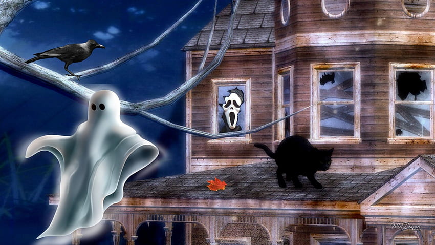 Creepy Haloween House, ghule, czarny kot, dom, upadek, pająki, kruk, duch, nawiedzony, Halloween Tapeta HD