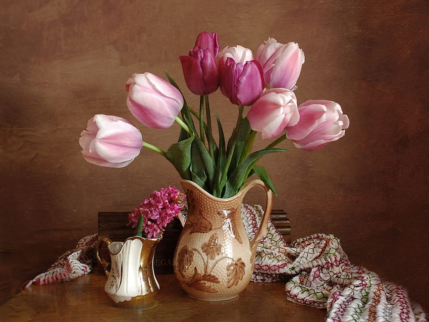 Still Life, tulip, graphy, pink tulips, purple tulips, colors, tulips, beauty, vases, purple tulip, vase, romance, beautiful, purple, pink, pretty, with love, nature, romantic, flowers, hyachinth, pink tulip, hyacinth, for you HD wallpaper