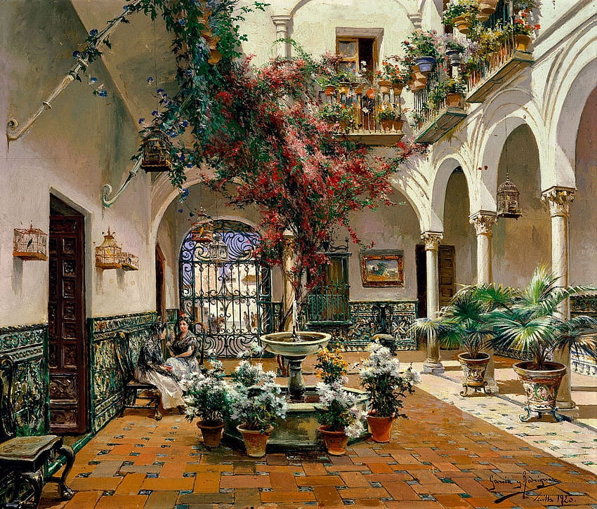 Adliye Sarayı İçinde, Sevilla, İspanya, salon, kemerler, bitkiler, mobilyalar, bina, çiçekler, sütunlar HD duvar kağıdı