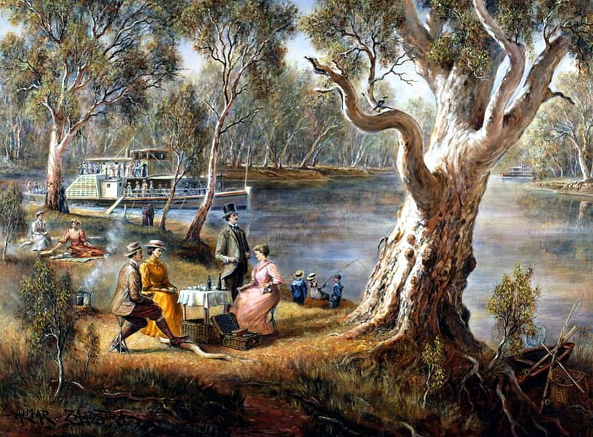 Viktorianisches Picknick, Kunstwerk, Boot, Schiff, Malerei, Menschen, Fluss, Baum HD-Hintergrundbild