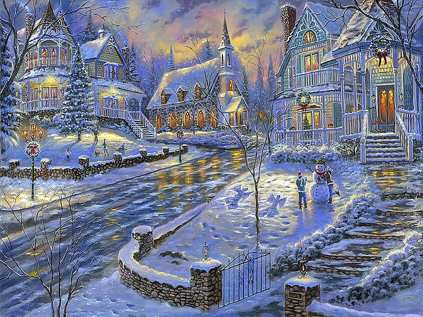 Malam musim dingin natal yang indah, musim dingin, malam, warna-warni, bayangan, damai, malaikat, gereja, musim, salju, x-mas, sihir, warna, jalan, indah, natal, cahaya, cinta, indah, kemegahan Wallpaper HD