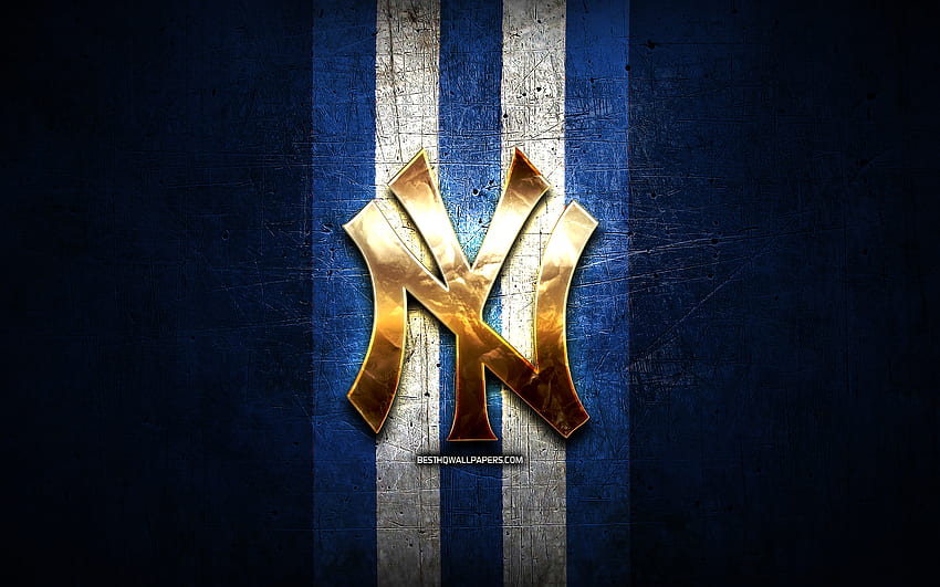 Емблема на Ню Йорк Янкис, MLB, златна емблема, син метален фон, американски бейзболен отбор, Ню Йорк Янкис, Мейджър лийг бейзбол, бейзбол, Ню Йорк Янкис HD тапет