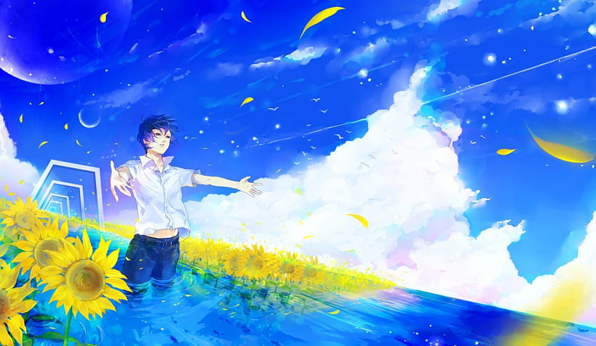 ~Biarkan Mengalir Bersama Alam~, burung, manusia, anime, bunga matahari, bulan, kelopak bunga, awan, bunga, langit, air Wallpaper HD