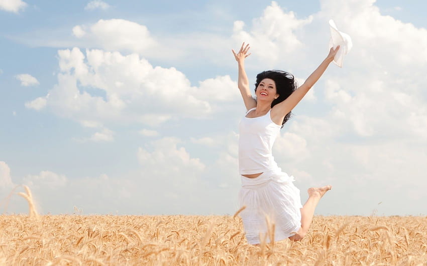 Happy Woman Jumping in Golden Wheat, Happy Girl HD wallpaper