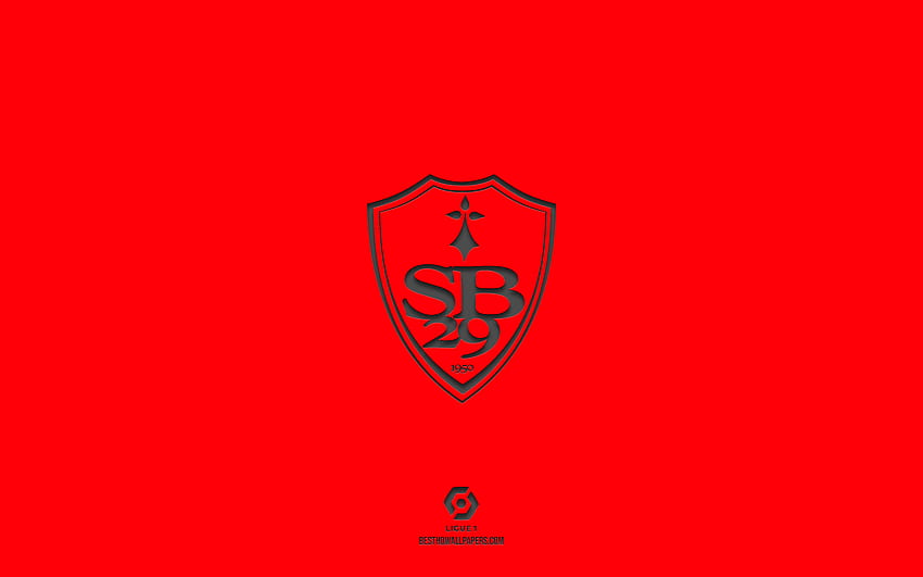 Stade Brestois 29, red background, French football team, Stade Brestois 29 emblem, Ligue 1, Brest, France, football, Stade Brestois 29 logo HD wallpaper
