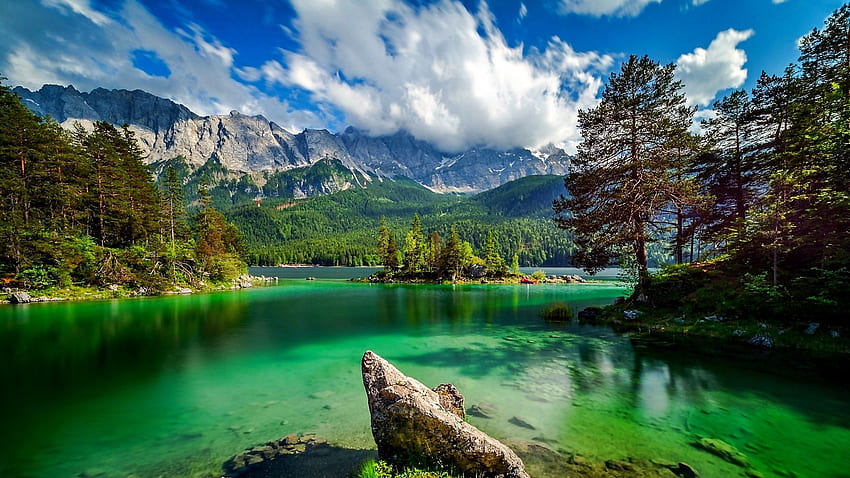 Bavyera'daki Eibsee gölü, bulutlar, Almanya, gökyüzü, kayalar, dağlar, taşlar HD duvar kağıdı