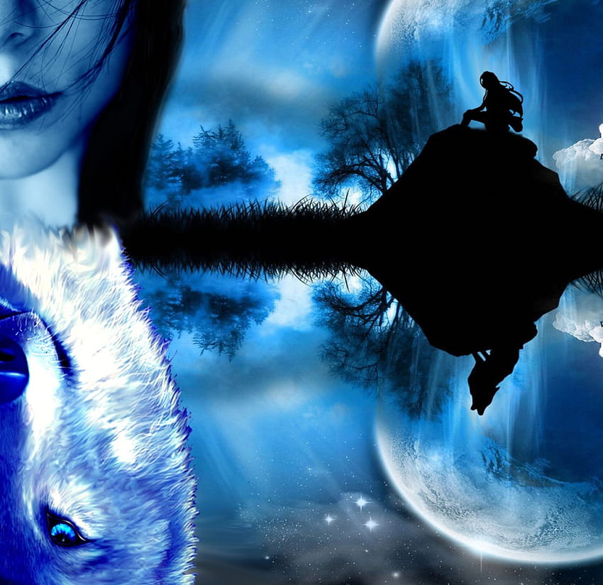 Shapeshifter- The link between humans and nature, blue, full moon, shapeshifter, shewolf, werewolf, she-wolf, wolf, shaman, moon, shape, shapeshift, shift, she HD wallpaper