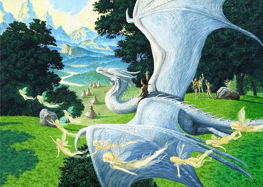Hadas y dragones, ciruelo cabral, white, magic, fantasy, hadas, dragon, cool, fairies HD wallpaper