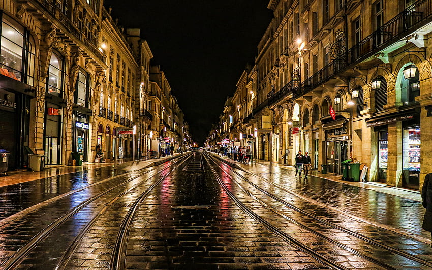 ボルドー、夜景、通り、フランスの都市、街灯、フランス、ヨーロッパ、夜のボルドー 高画質の壁紙