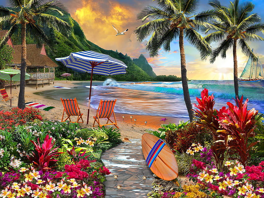 Hawaiian life, island, sea, palms, art, exotic, beautiful, beach, summer, Hawaii, life, painting, flowers, ocean HD wallpaper