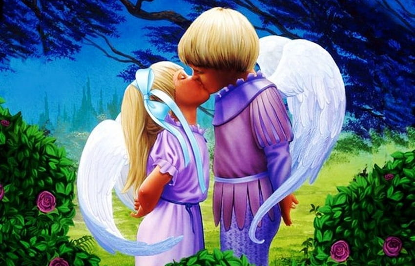 angels first kiss, fairytale, elves, fantasy, angels HD wallpaper