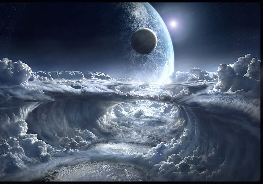 Space, white clouds, planet, fantasy HD wallpaper