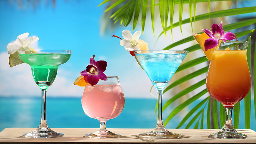 Tropical beach, sky, lemon, palm tree, coconut, orange drink, cocktail HD wallpaper