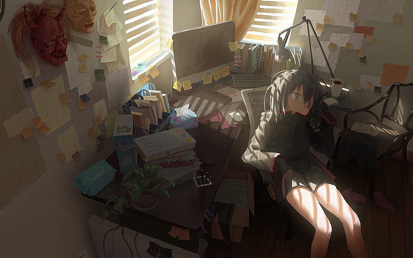 Anime girls, Anime: Gamers!, pokój, wnętrze, siedzenie, biurko • For You For & Mobile Tapeta HD