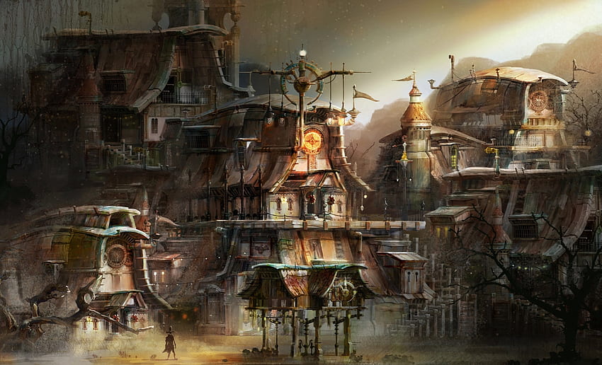 Steampunk City, Abstract, City, Art, Digital, Steampunk, Fantasy HD wallpaper