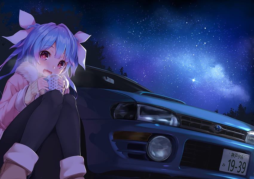 blue hair, Long hair, Red eyes, Anime, Anime girls, Kantai Collection, I 19 (KanColle), Drink, Sky, Stars, Twintails, Car / and Mobile & HD wallpaper