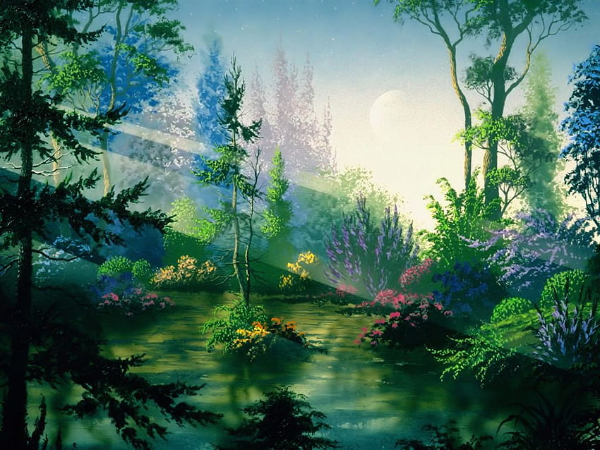 Durante o dia, uma floresta, um fundo de anime e uma ilustração