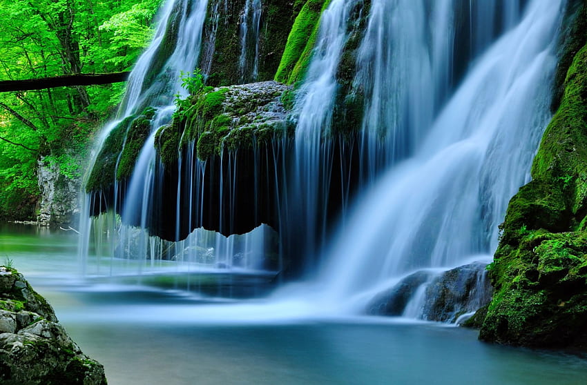 Bigar Waterfall, azul, río, musgo, hermoso, primavera, cortina de agua, Rumania, catarata, , Parque Nacional, verde, cascada, bosque, follaje fondo de pantalla