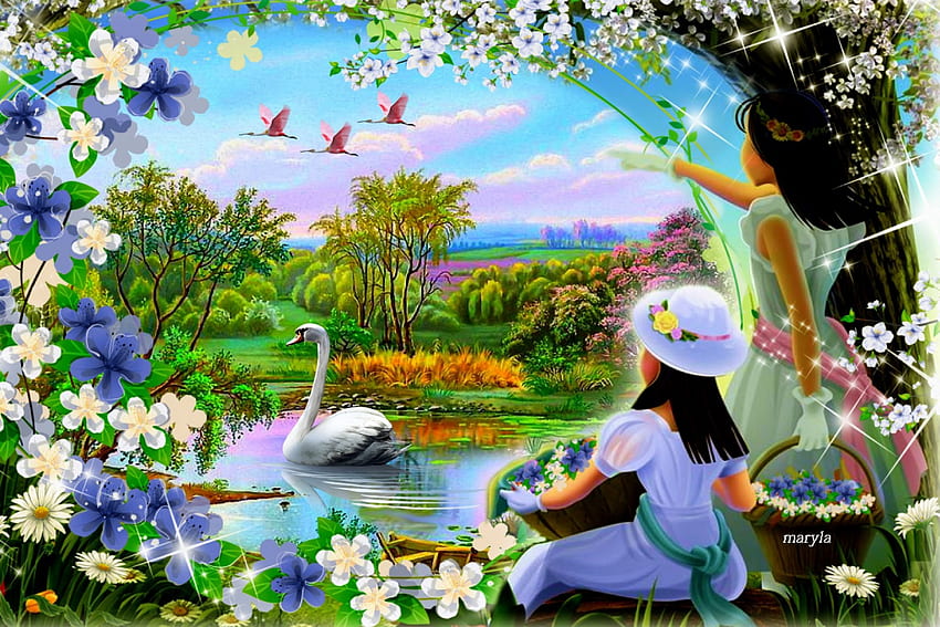 hermosa primavera, barco, primavera, destello, árboles, sombrero, dulce, magia, césped, lago, basura, verano, ver, nubes, naturaleza, volar, cielo, niña, flores, cisne fondo de pantalla