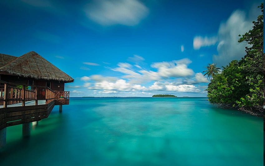 Natur, Landschaft, Bungalow, Meer, Wolken, Gehweg, Strand, Malediven HD-Hintergrundbild