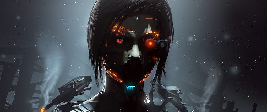 Background Robot Girl Cyborg Orange Eyes Dark, 21 9 HD wallpaper
