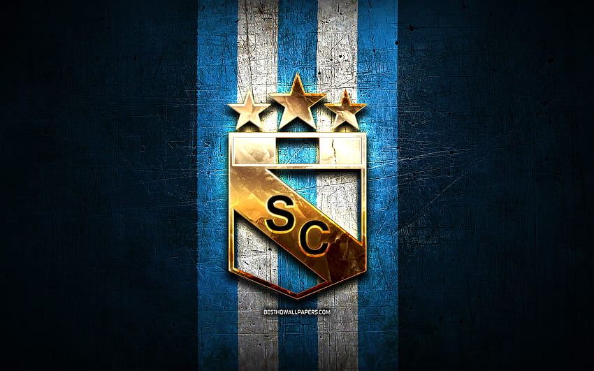 Sporting Cristal FC, logo emas, Liga 1 Apertura, latar belakang logam biru, sepak bola, klub sepak bola Peru, logo Klub Sporting Cristal, sepak bola, Klub Sporting Cristal Wallpaper HD