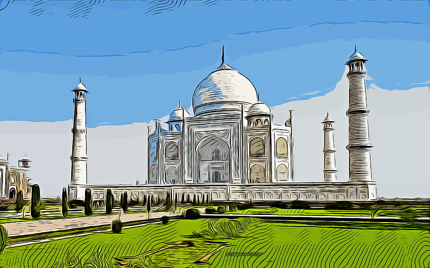 Taj Mahal, , Vektorgrafiken, Taj Mahal Zeichnung, kreative Kunst, Taj Mahal Kunst, Vektorzeichnung, abstrakte Städte, Agra, Indien HD-Hintergrundbild