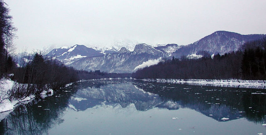 Salzach River, Austria, river, mountains, reflection, water HD wallpaper