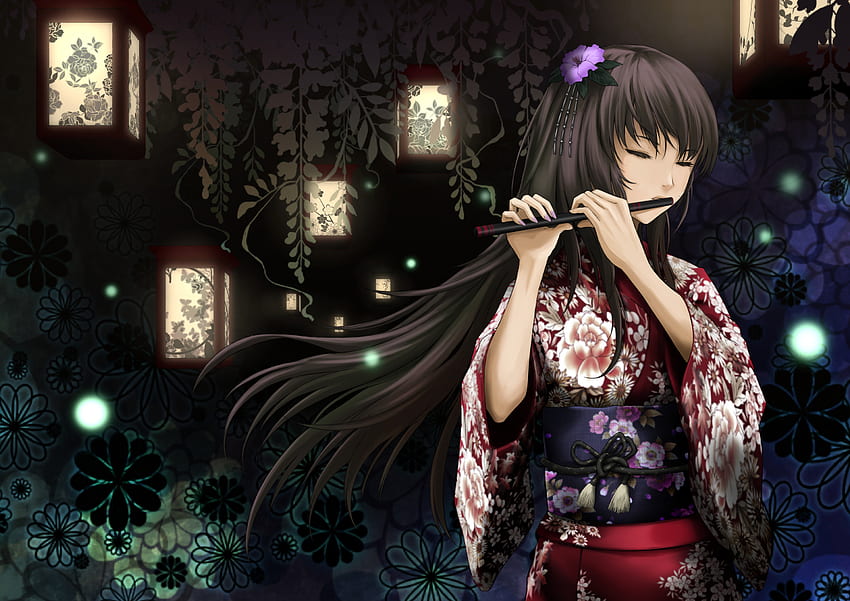 black hair din (raiden) flowers flute instrument japanese clothes long hair megurine luka vocaloid Anime HD wallpaper