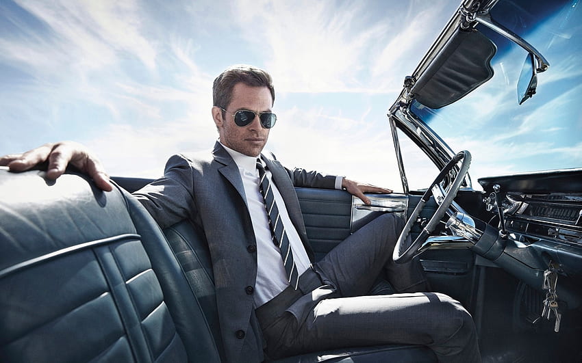 Chris Pine, azul, traje, gafas de sol, hombre, coche, actor, corbata fondo de pantalla
