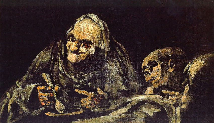 Çorba İçen İki Yaşlı Adam Siyah Tablo - Francisco Goya HD duvar kağıdı