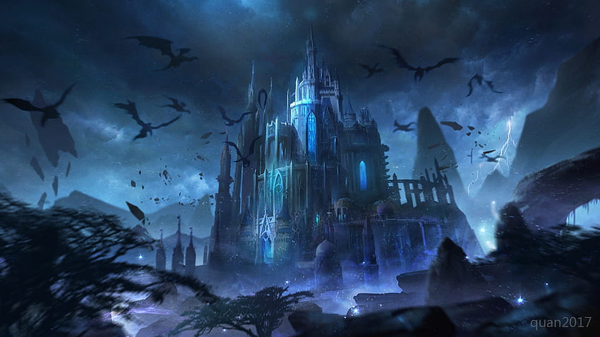 Замъкът на Дракула, quan shengwu, изкуство, фантазия, замък, тъмно, нощ, синьо, прилеп, Хелоуин, Дракула HD тапет