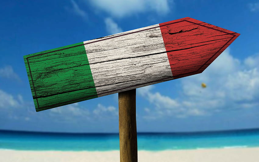 Włoska flaga, drewniana strzałka, symbole narodowe, flaga Włoch, strzałka z włoską flagą, Włochy, kraje europejskie, Włochy 3D flaga z rozdzielczością. Wysoka jakość Tapeta HD